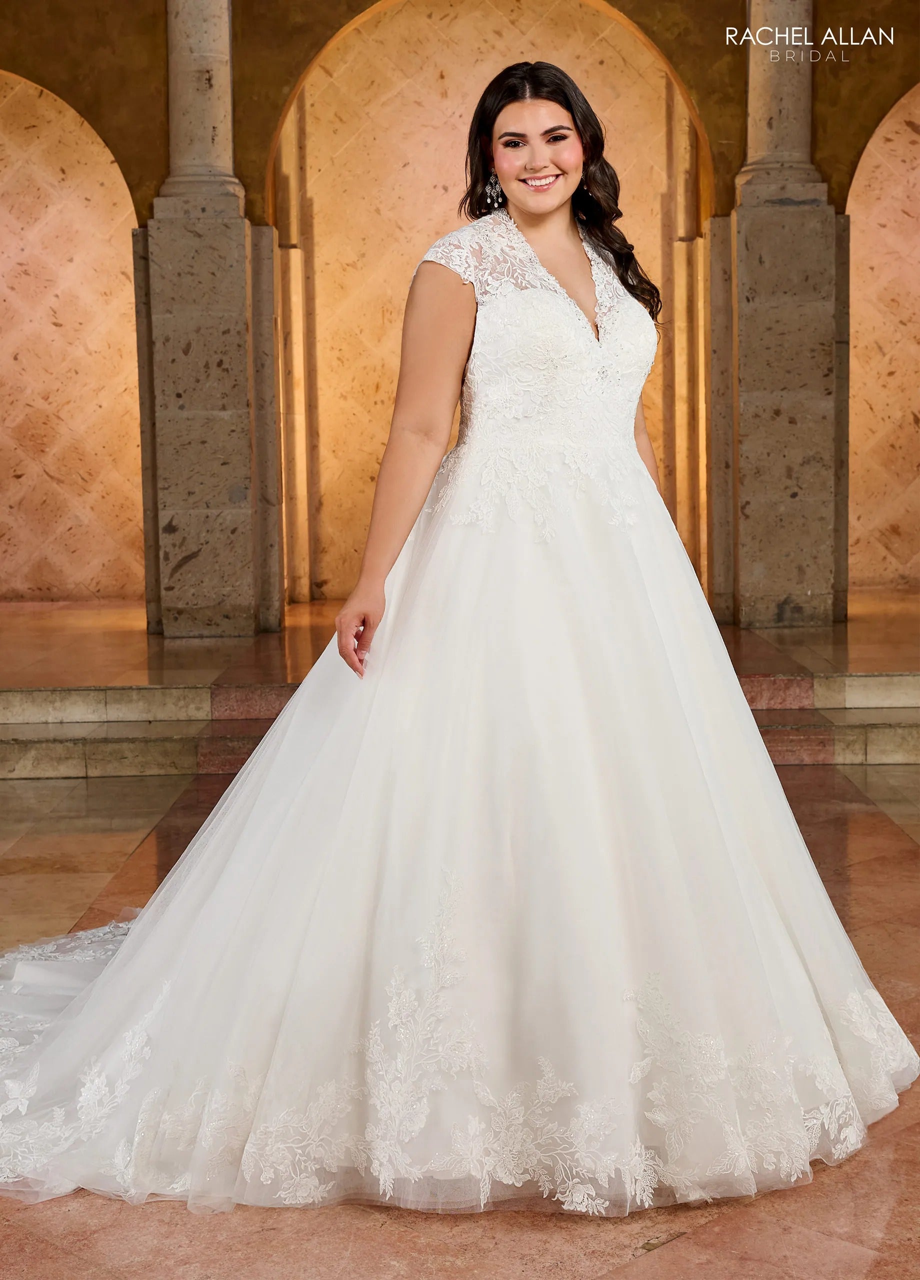 Ivory V-Neck Floor-Length Tulle Ball Gown with Applique Mini Sleeves Rachel Allan RB3193
