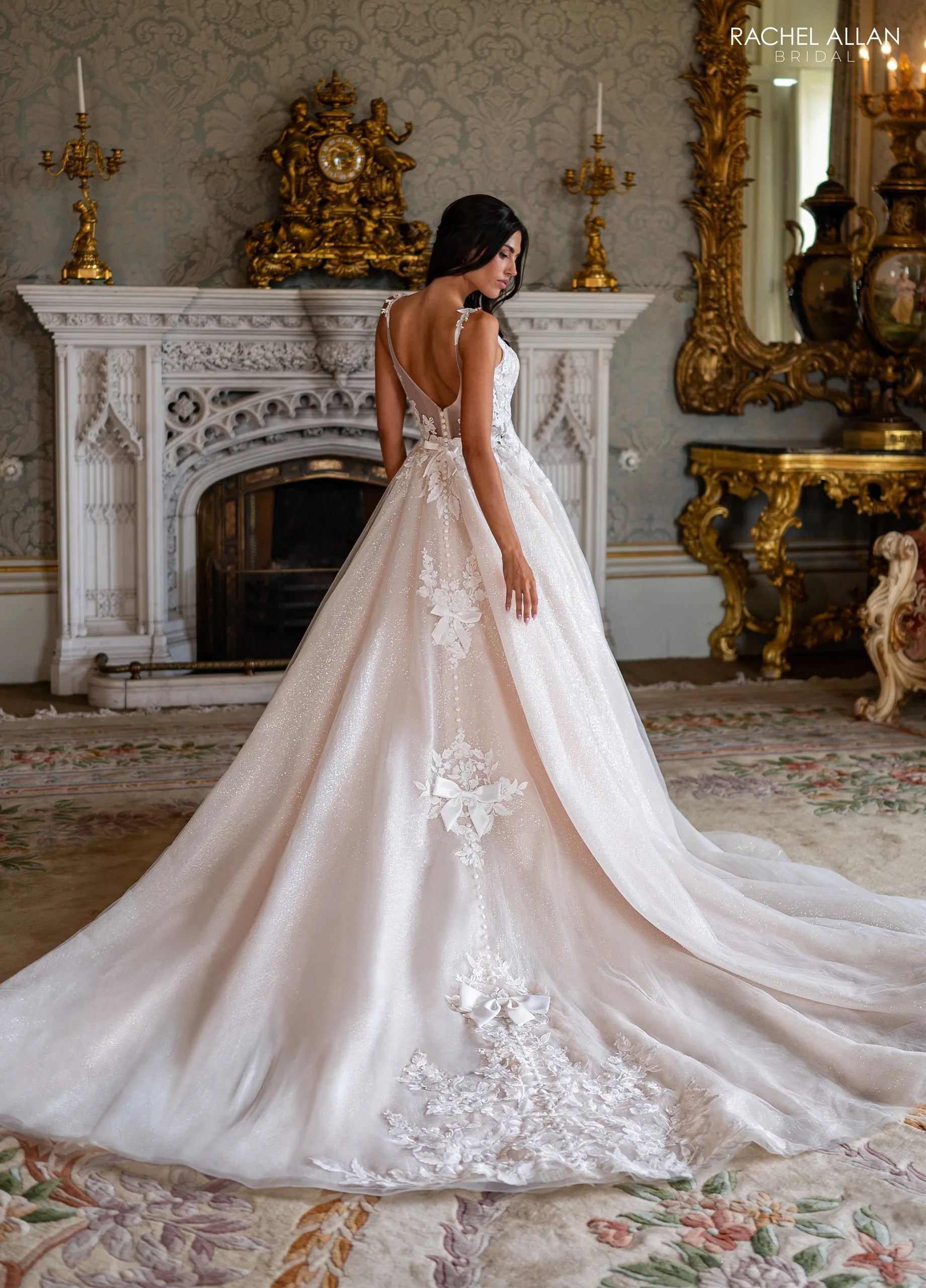Ivory Champagne Nude Plunging V-Neck Floor-Length Glitter Tulle Wedding Dress with Floral Applique Rachel Allan RB3244