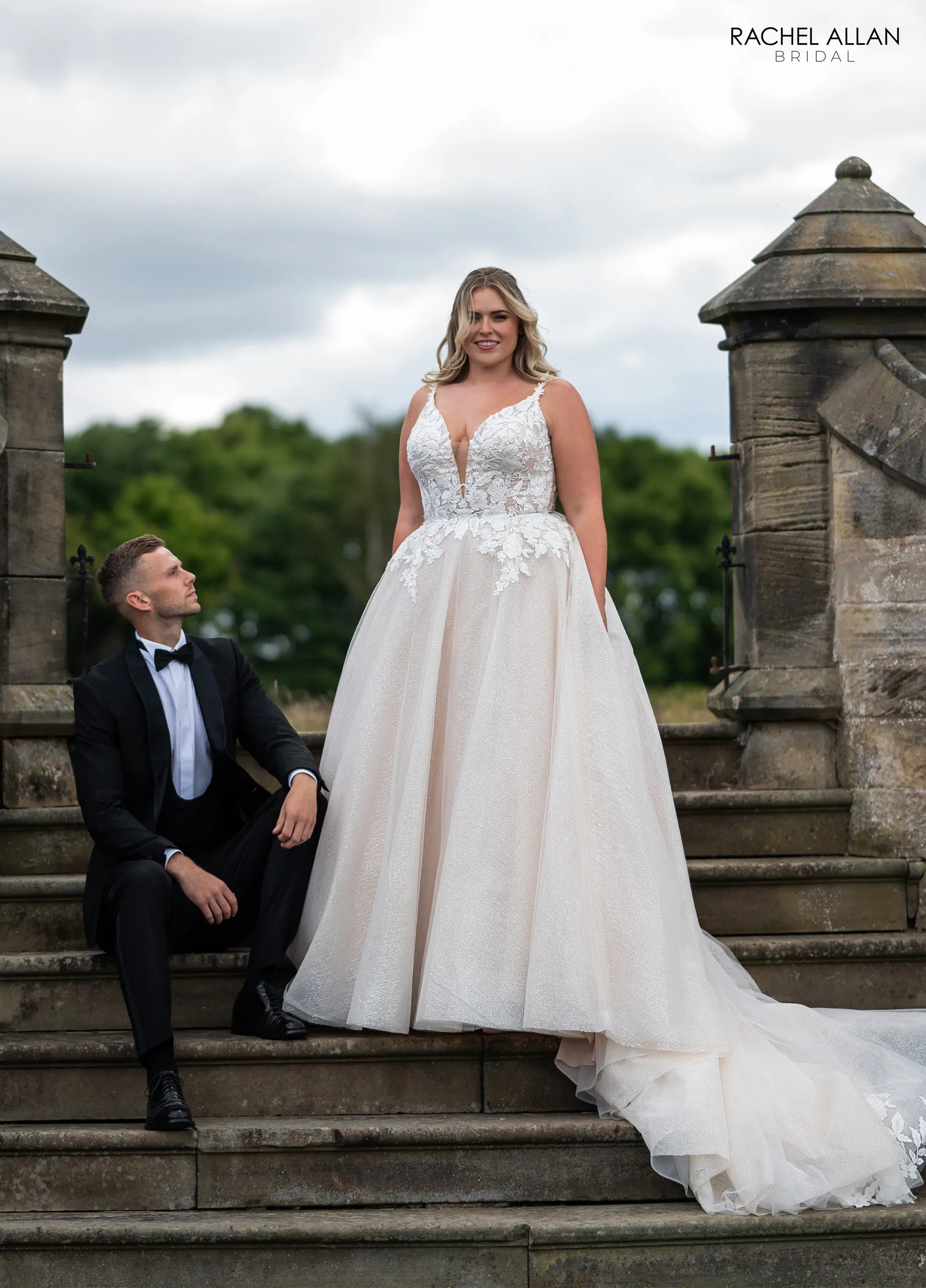 Ivory Champagne Nude Plunging V-Neck Floor-Length Glitter Tulle Wedding Dress with Floral Applique Rachel Allan RB3244