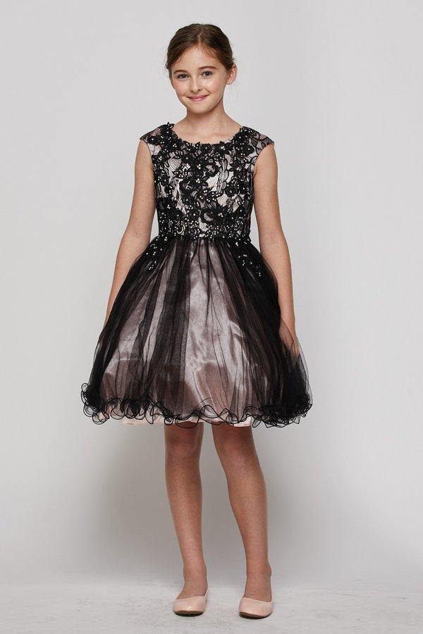 Flower Girls Capped Sleeve Lace and Tulle Short Party Dress - Blush/Black / 12 Flower Girls Capped Sleeve Lace and Tulle Short Party Dress - Blush/Black / 12