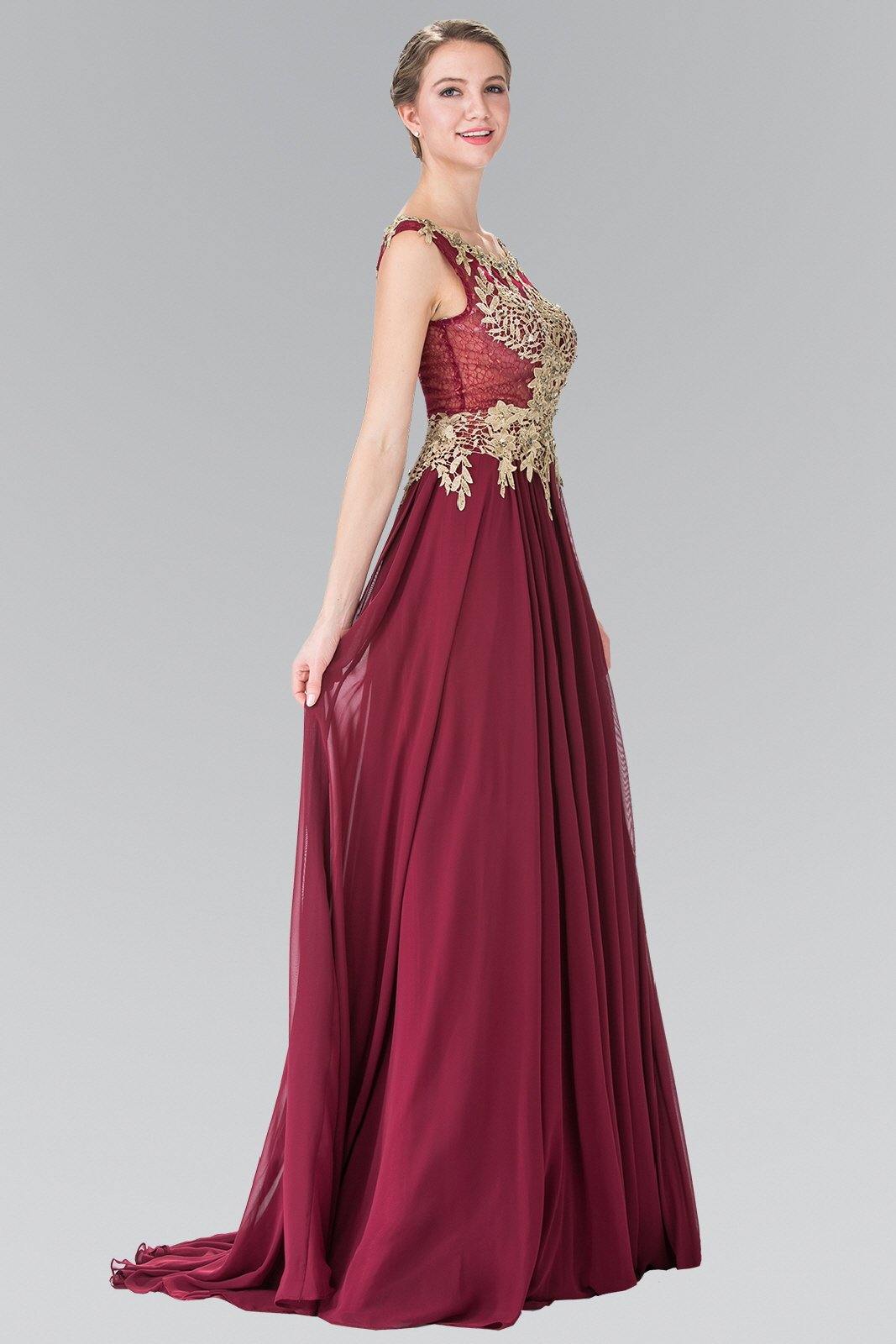 Flower Lace Chiffon Long Prom Dress - Burgundy / S Flower Lace Chiffon Long Prom Dress - Burgundy / S