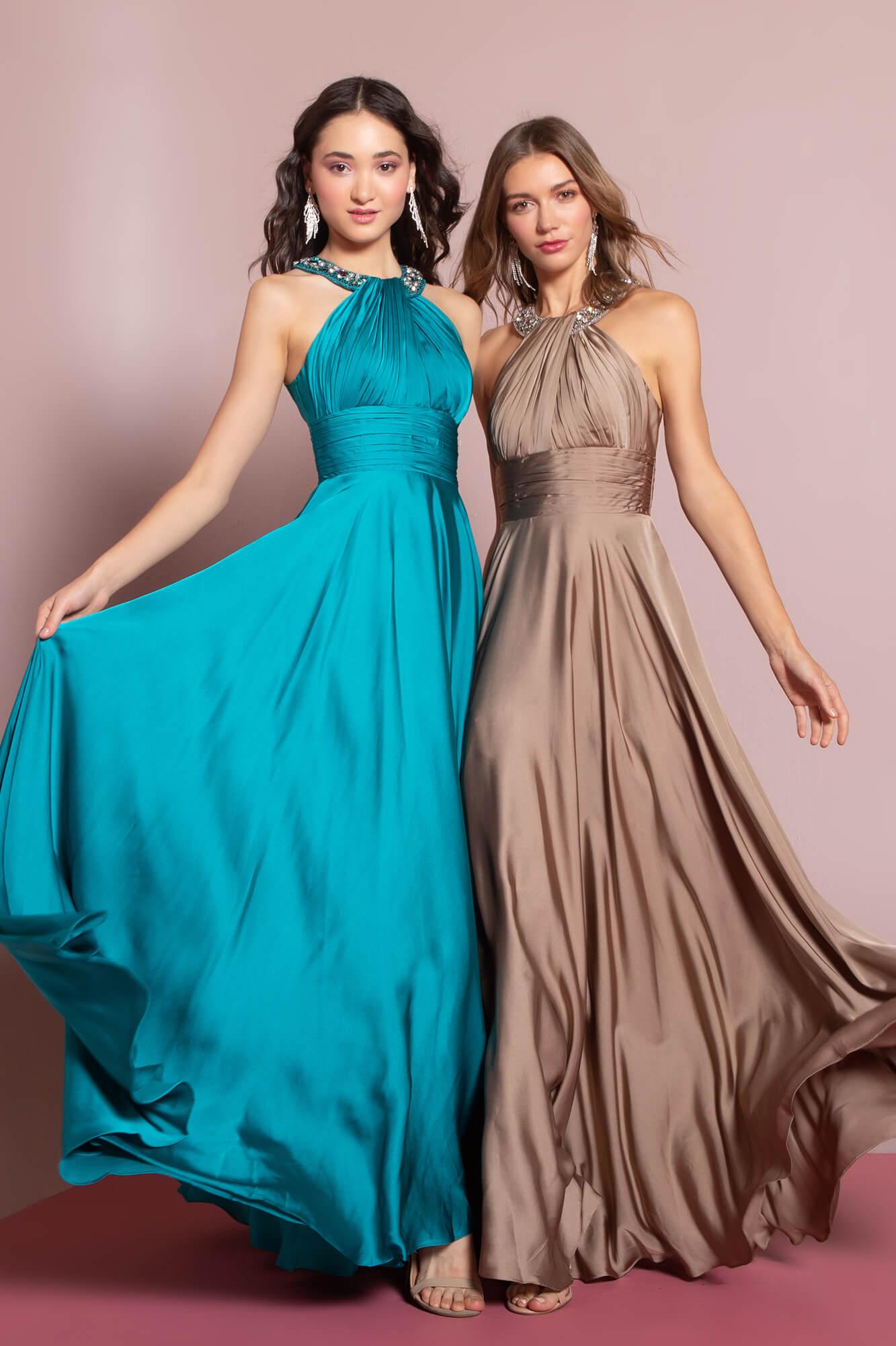 GLS Flowey Long Prom Dress in Teal - XS - Halter Neckline with Crystal Beadings GLS Flowey Long Prom Dress in Teal - XS - Halter Neckline with Crystal Beadings