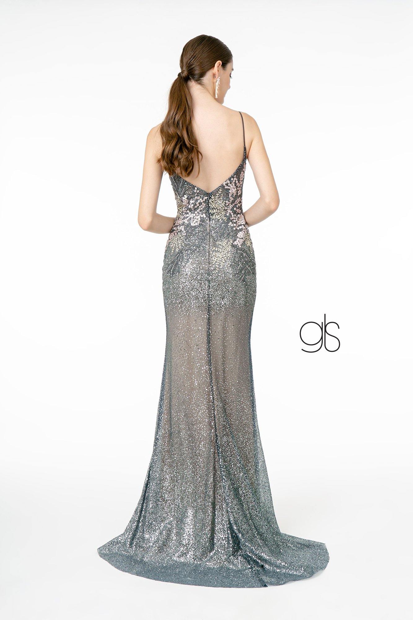 Fitted Metalic Glitter Ombre Long Prom Dress - The Dress Outlet Elizabeth K