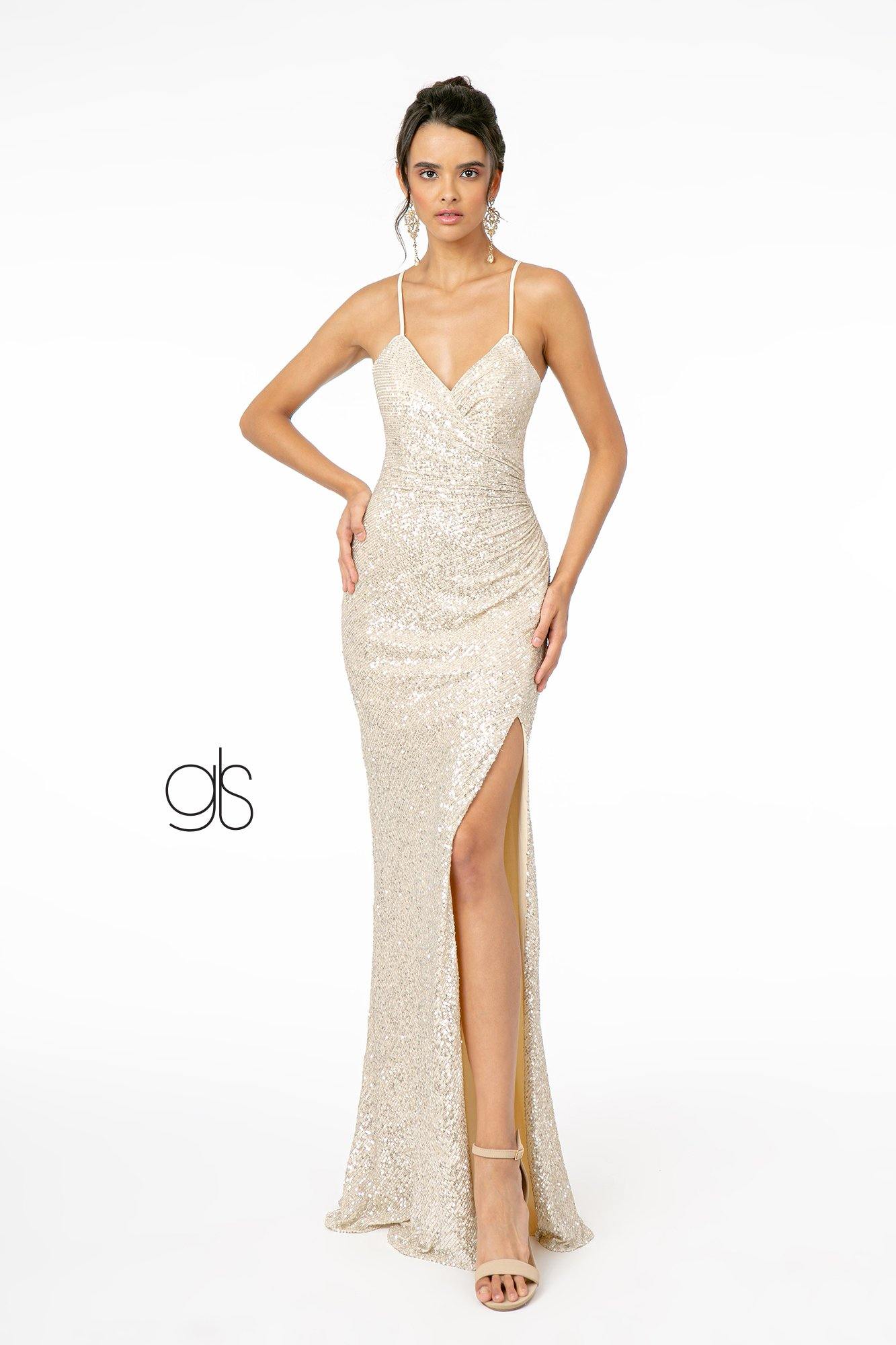 V-Neck Bodycon Sequin Long Prom Dress - The Dress Outlet