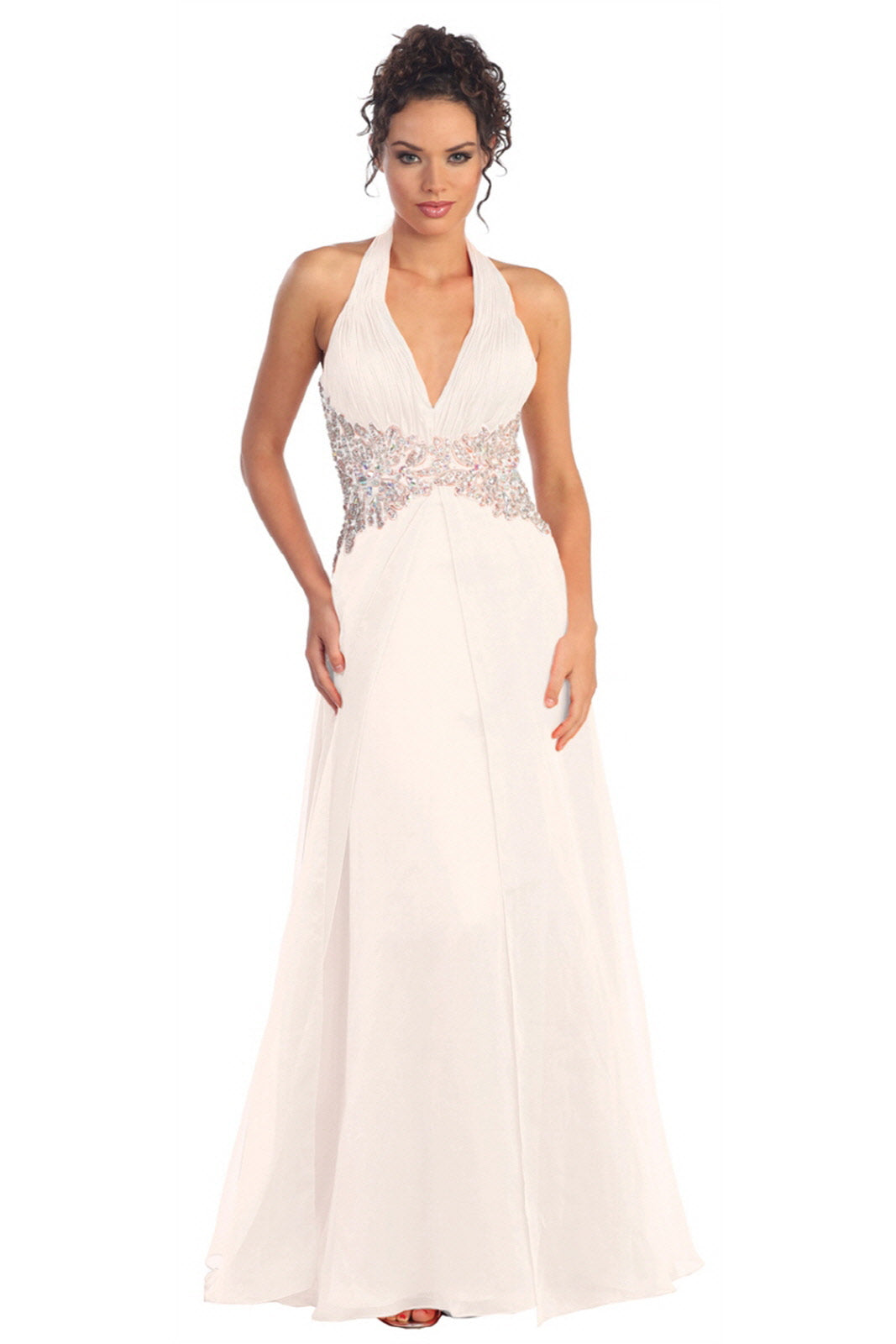 Prom Long Halter Neck Chiffon Evening Dress - The Dress Outlet Elizabeth K White