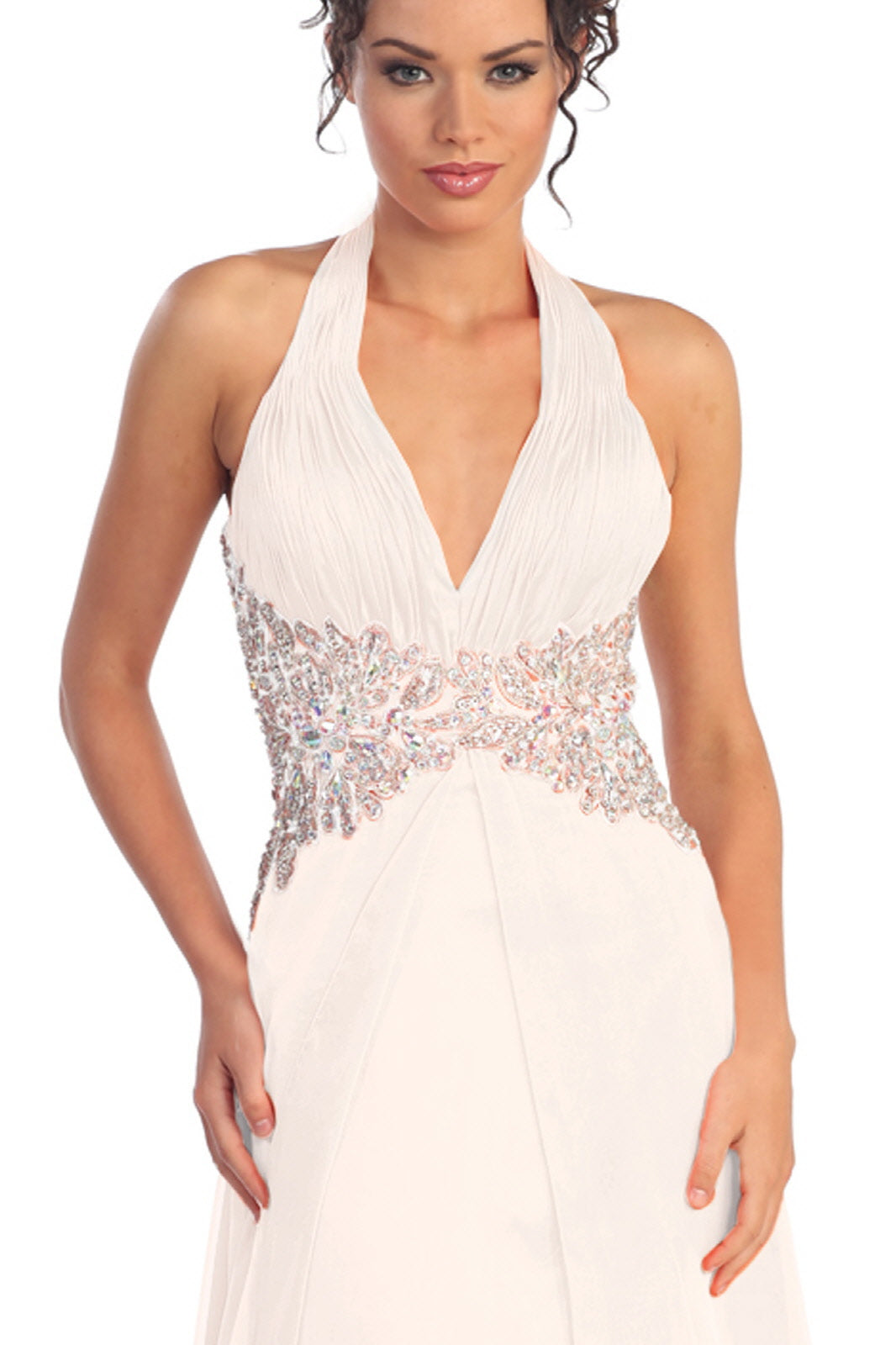 Prom Long Halter Neck Chiffon Evening Dress - The Dress Outlet Elizabeth K White