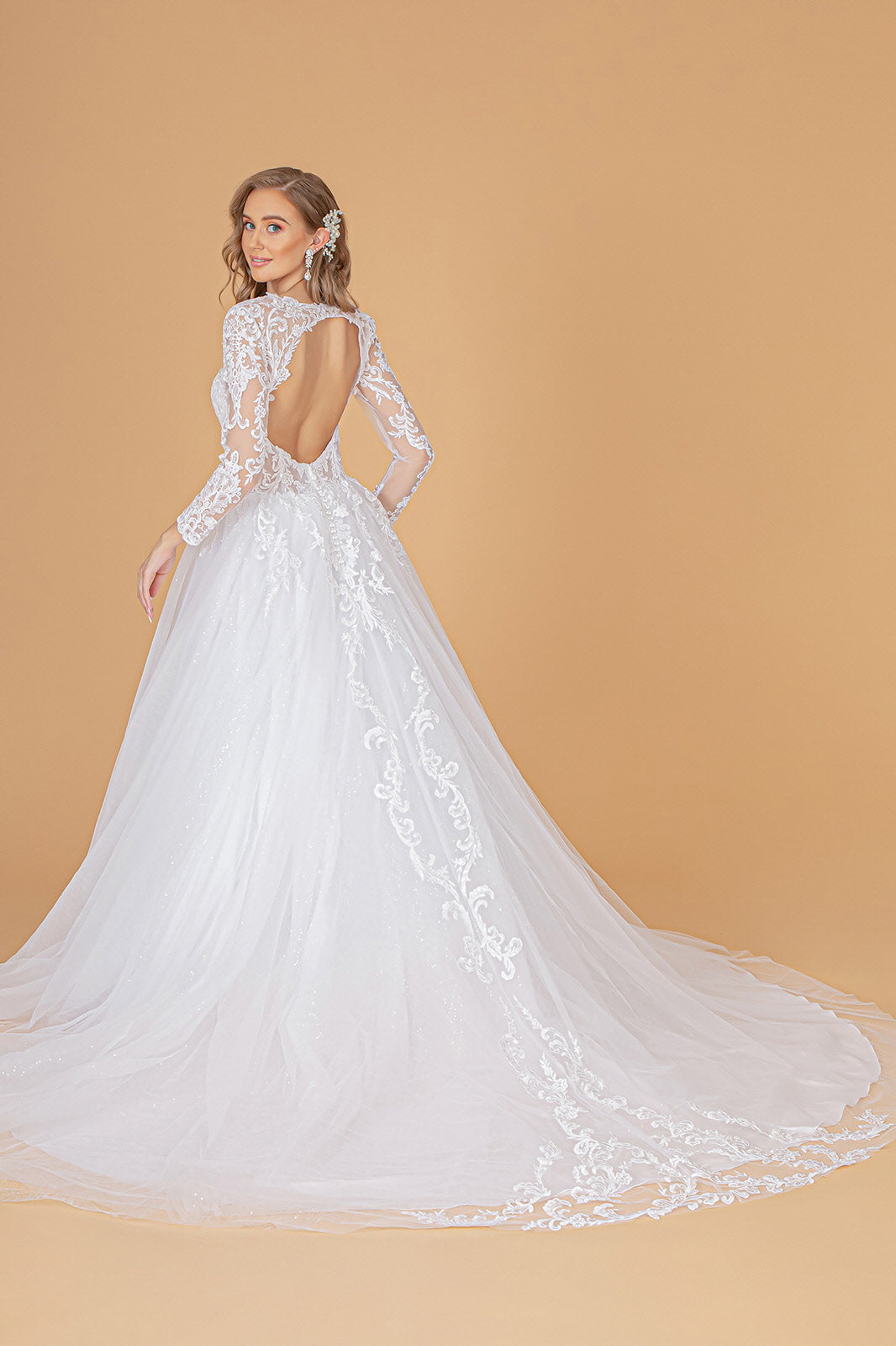 Illusion V-Neck Embroidered Mesh Long Wedding Gown - The Dress Outlet Elizabeth K White