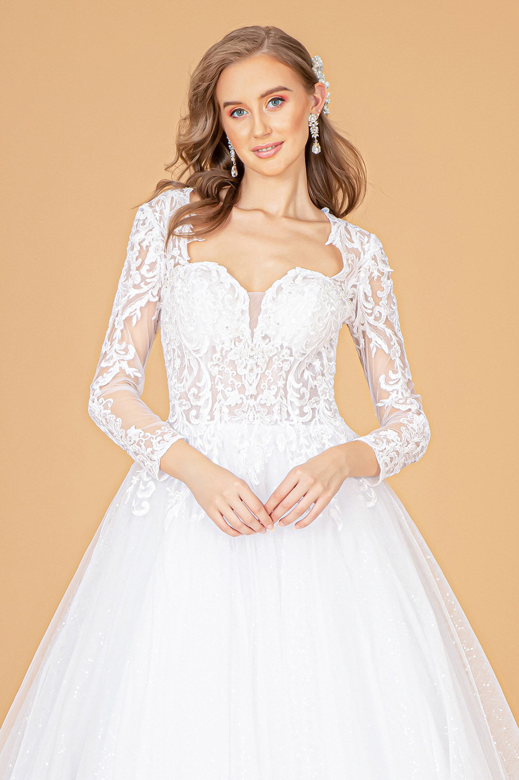 Illusion V-Neck Embroidered Mesh Long Wedding Gown - The Dress Outlet Elizabeth K White