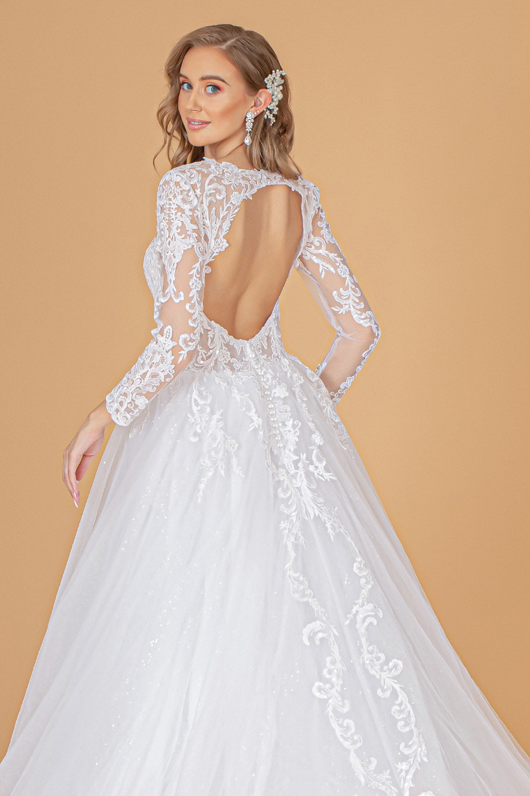 Ivory/Cream Illusion V-Neck Embroidered Mesh Long Wedding Gown for $866 ...