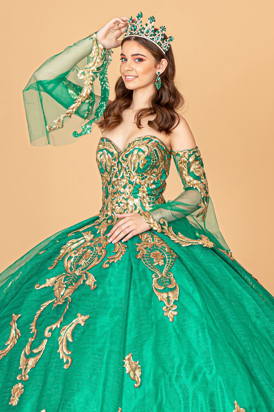 Long Strapless Ball Gown Mesh Quinceanera Dress - Emerald Green / 3XL