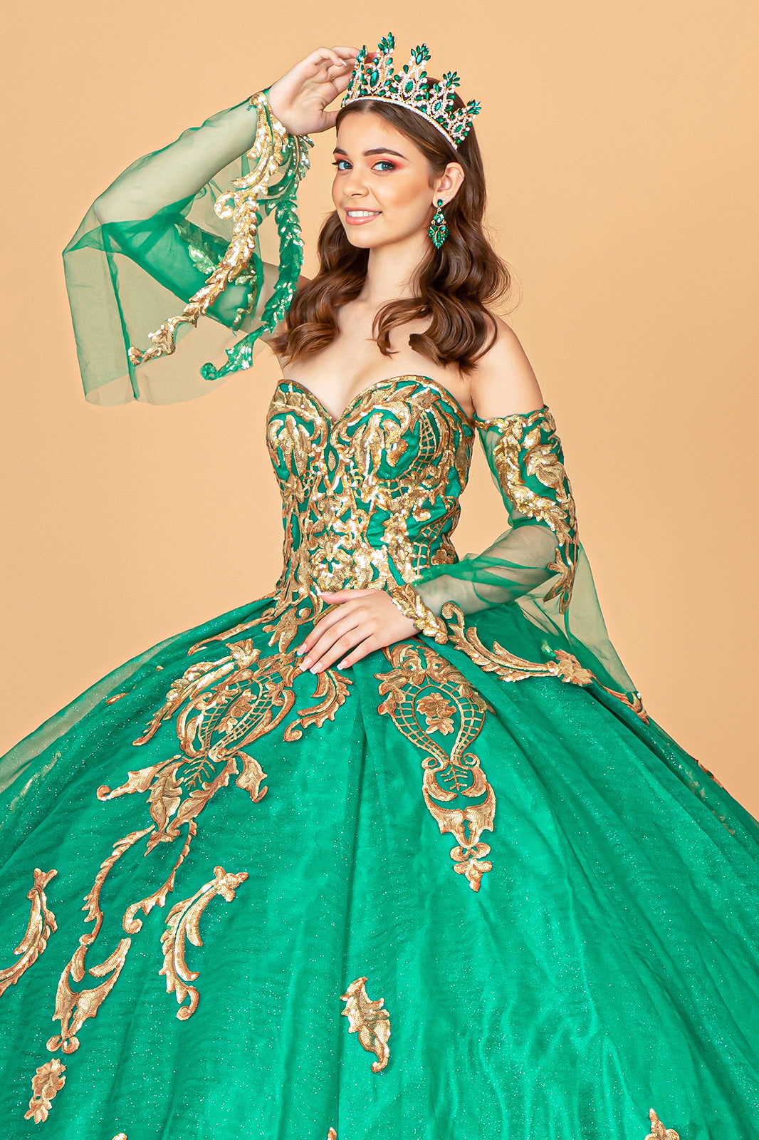 Long Strapless Ball Gown Mesh Quinceanera Dress - The Dress Outlet Emerald Green