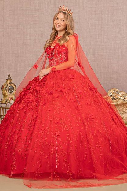 Strapless with Mesh Cape Quinceanera Dress - The Dress Outlet Red