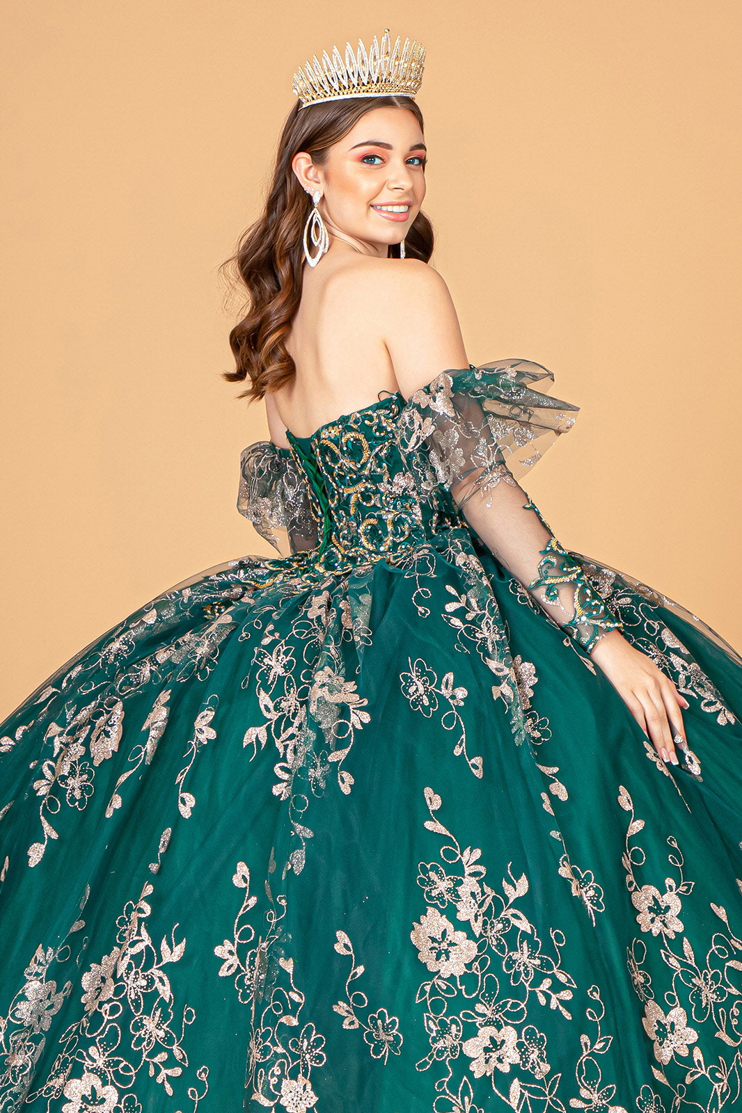 Long Quinceanera Dress Glitter Mesh Ball Gown - The Dress Outlet Emerald