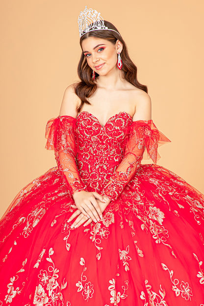 Long Quinceanera Dress Glitter Mesh Ball Gown - The Dress Outlet Red