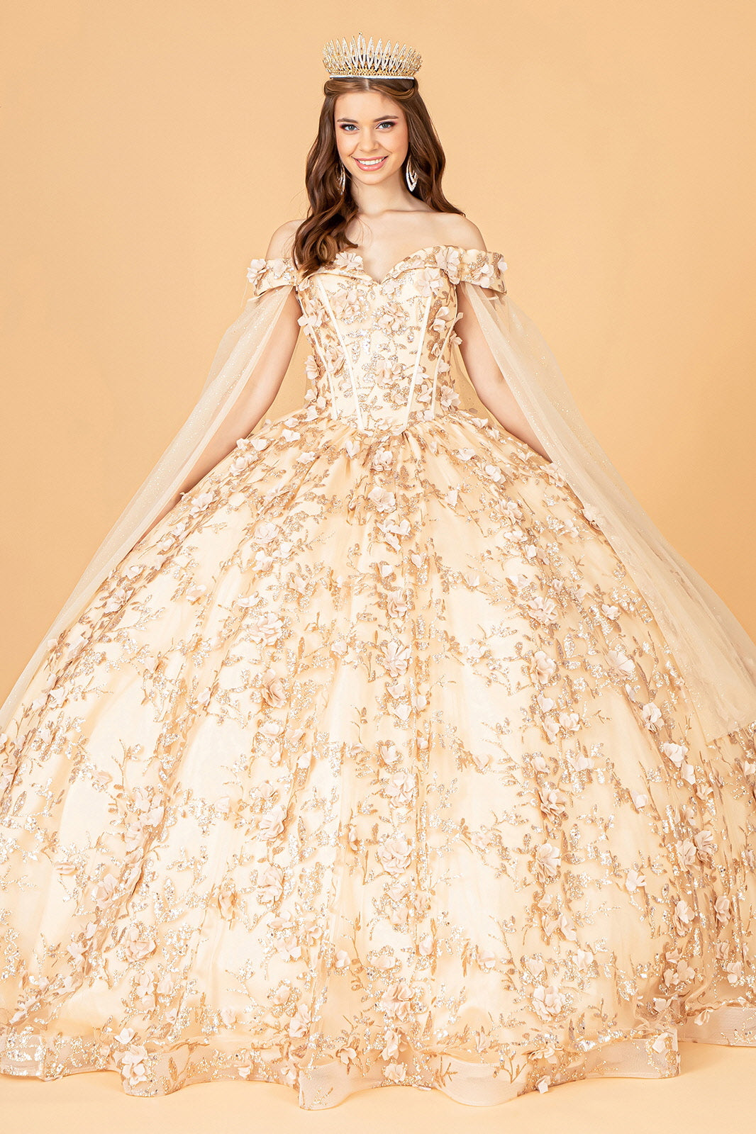 Long Off Shoulder Quinceanera Glitter Mesh Dress - Champagne / L Long Off Shoulder Quinceanera Glitter Mesh Dress - Champagne / L