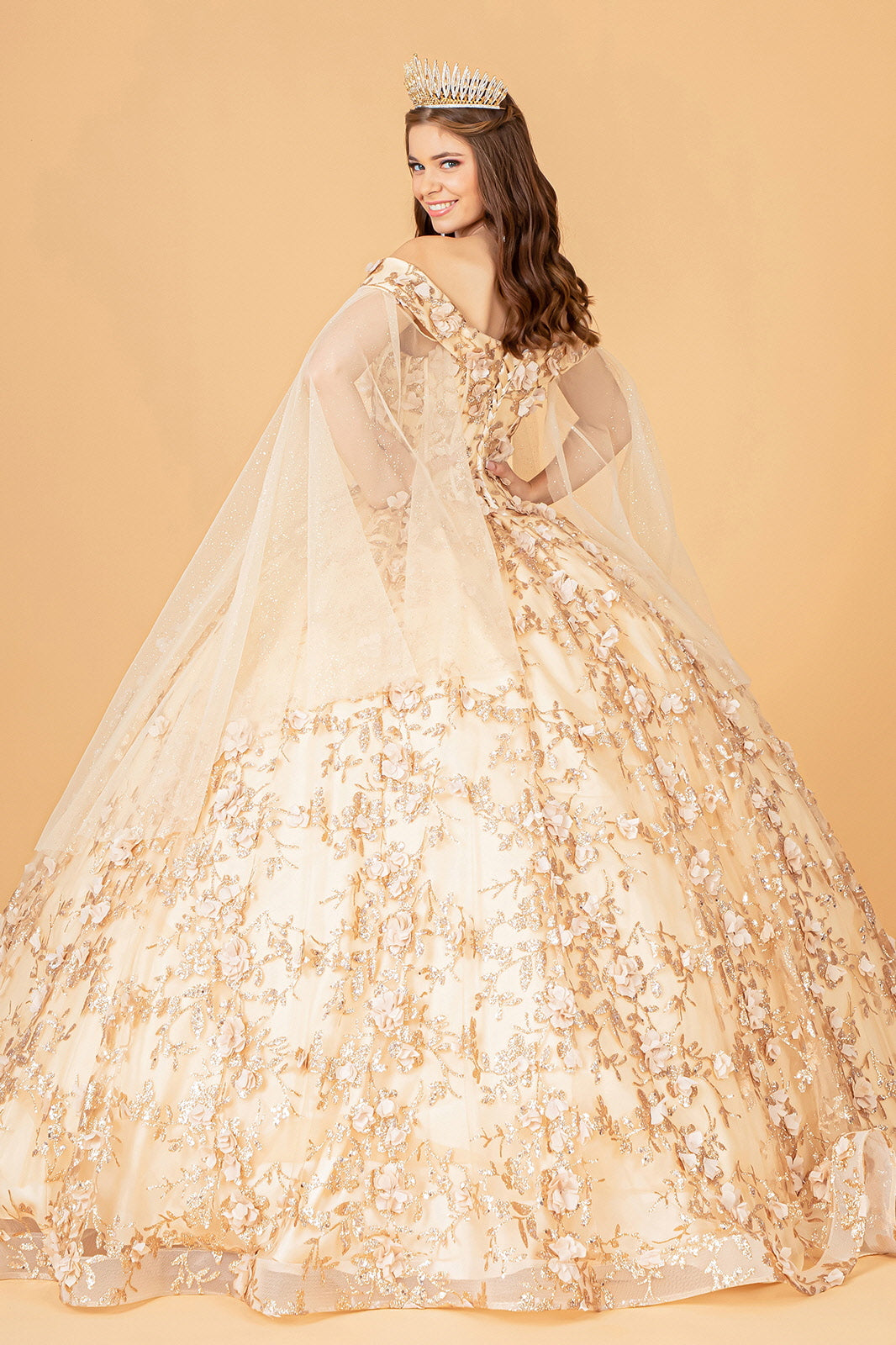 Long Off Shoulder Quinceanera Glitter Mesh Dress