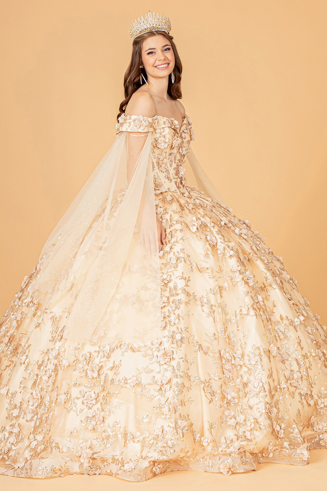 Long Off Shoulder Quinceanera Glitter Mesh Dress