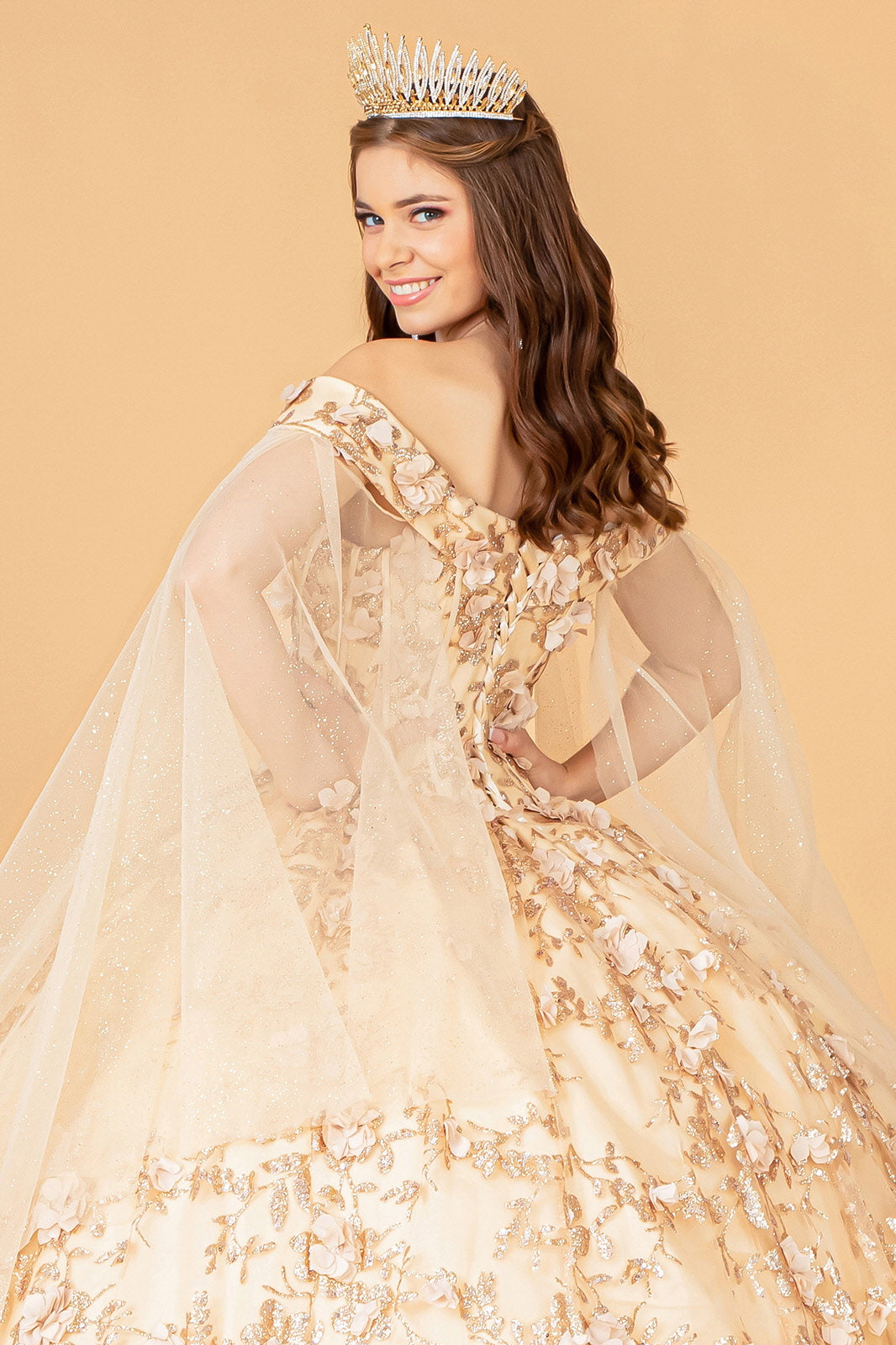 Long Off Shoulder Quinceanera Glitter Mesh Dress - Champagne / L Long Off Shoulder Quinceanera Glitter Mesh Dress - Champagne / L