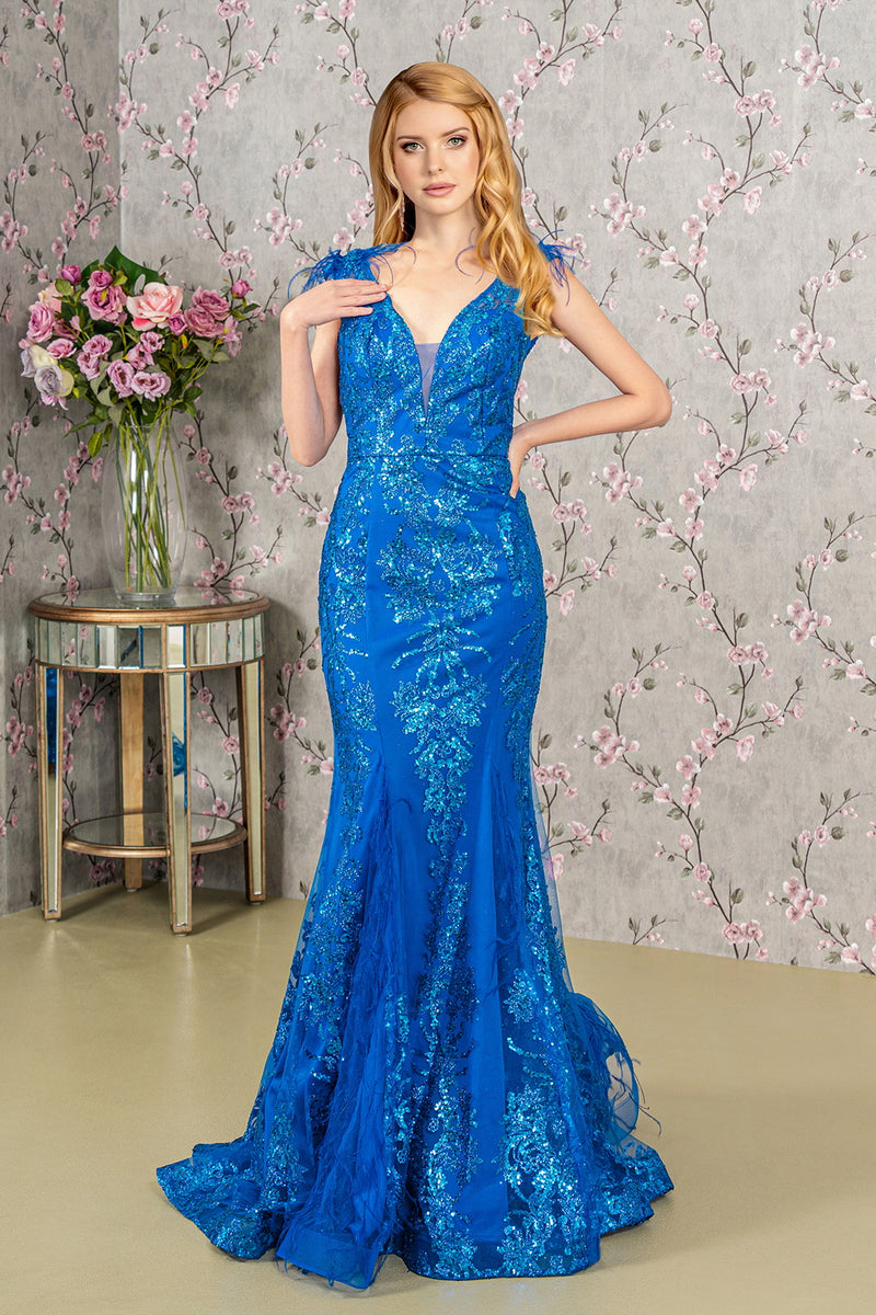 Prom Long Formal Glitter Mesh Mermaid Dress - Royal Blue / XL