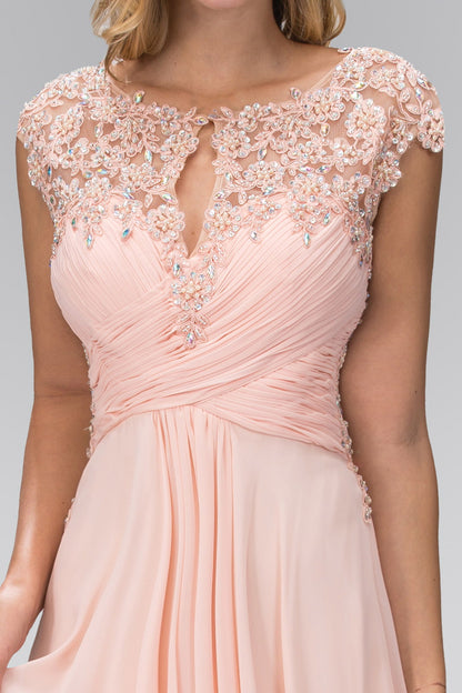 Long Formal Cap Sleeve Ruched Bodice Prom Dress - The Dress Outlet Elizabeth K Peach