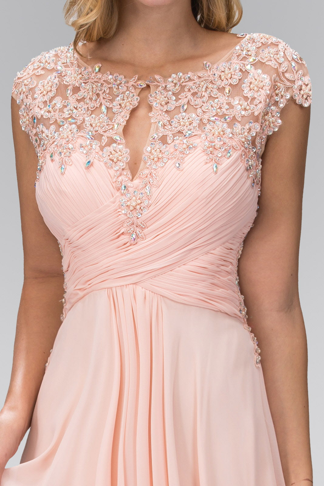 Long Formal Cap Sleeve Ruched Bodice Prom Dress