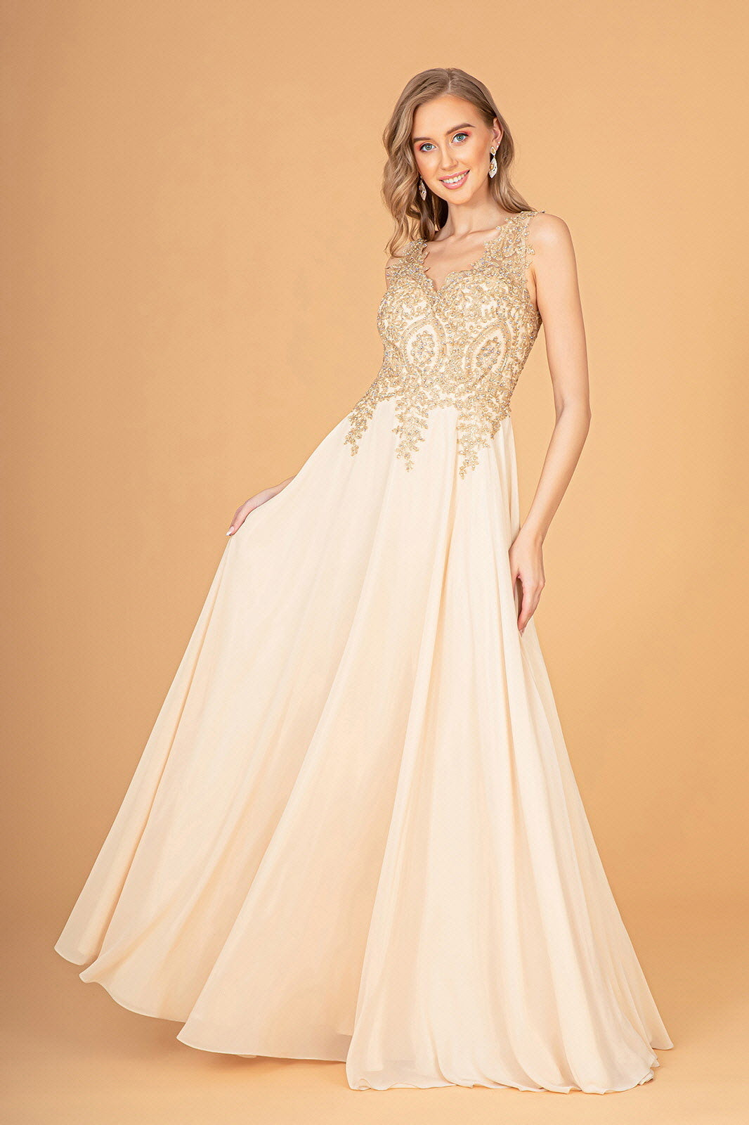 Embroidered Chiffon Long Prom Dress Formal - The Dress Outlet Champagne