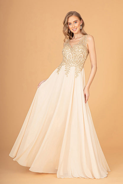 Embroidered Chiffon Long Prom Dress Formal - The Dress Outlet Champagne