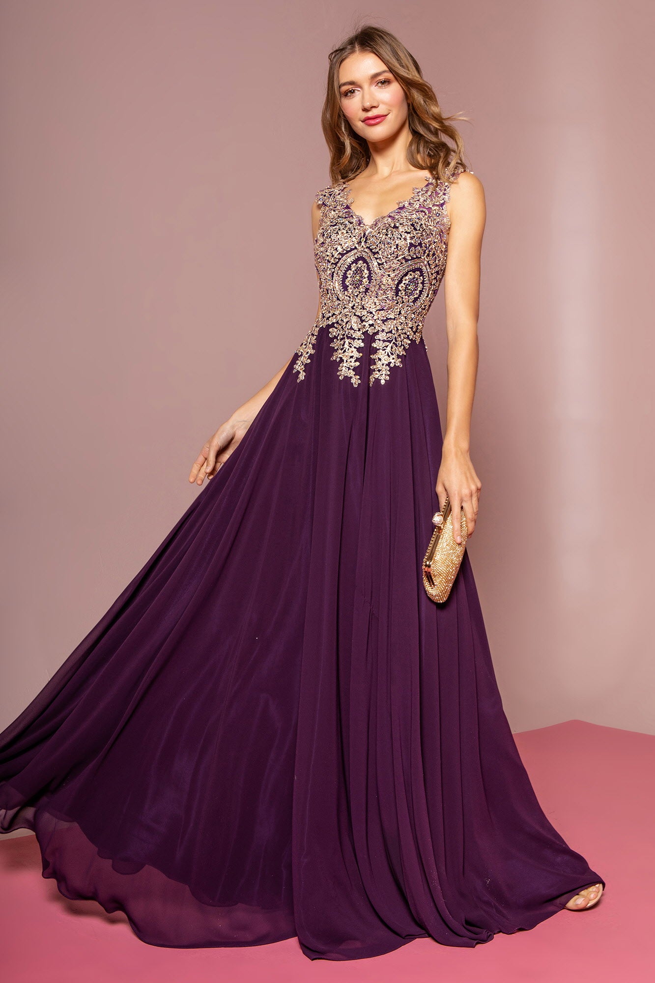 Embroidered Chiffon Long Prom Dress Formal - The Dress Outlet Eggplant