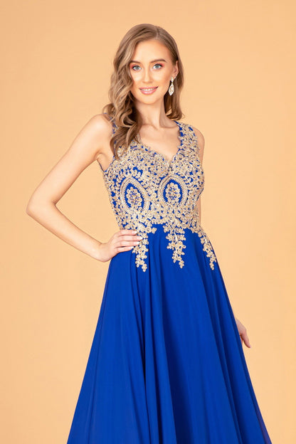 Embroidered Chiffon Long Prom Dress Formal - The Dress Outlet Royal Blue