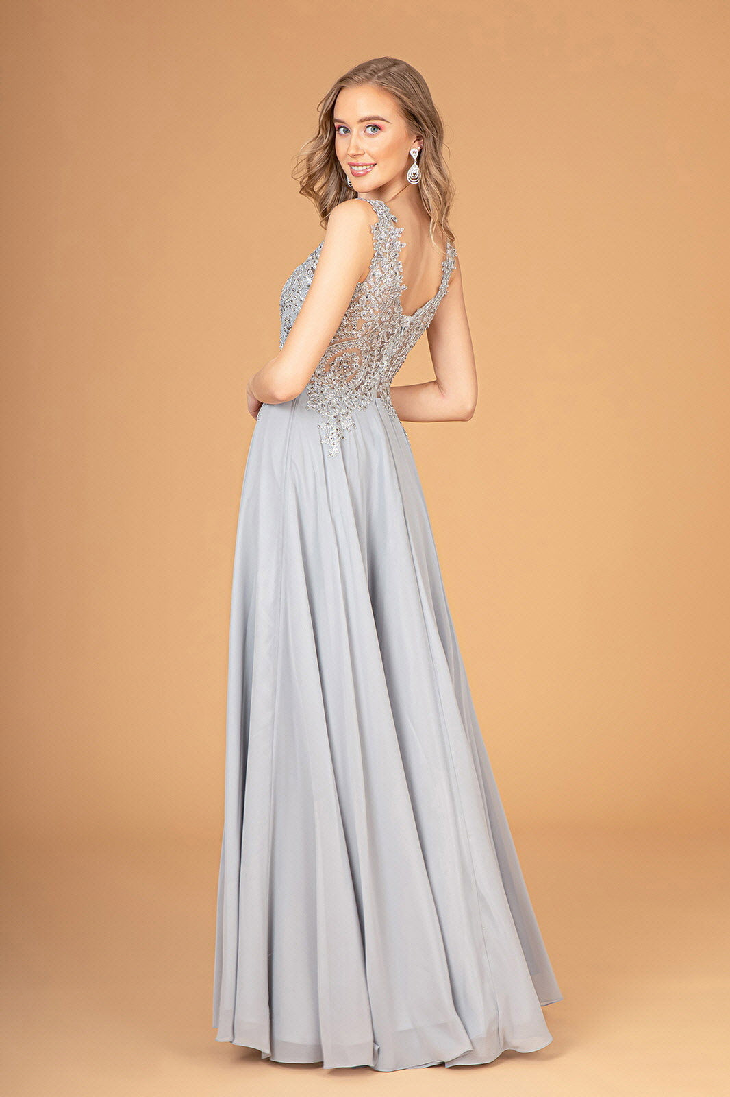 Embroidered Chiffon Long Prom Dress Formal - The Dress Outlet Silver