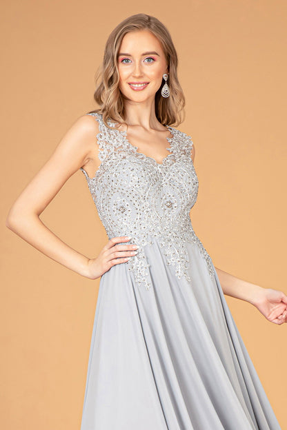 Embroidered Chiffon Long Prom Dress Formal - The Dress Outlet Silver