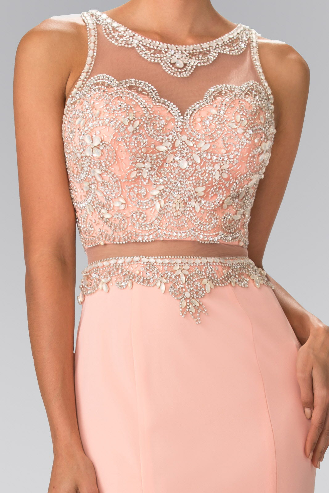 Prom Long Beaded Dress Formal Evening Gown - The Dress Outlet Peach