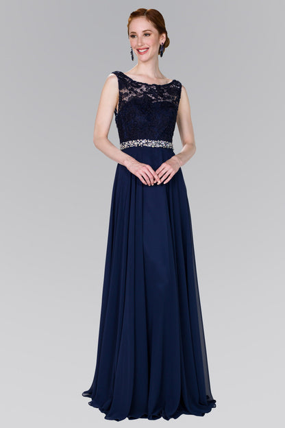 Lace Top Chiffon Long Formal Dress - The Dress Outlet Elizabeth K Navy