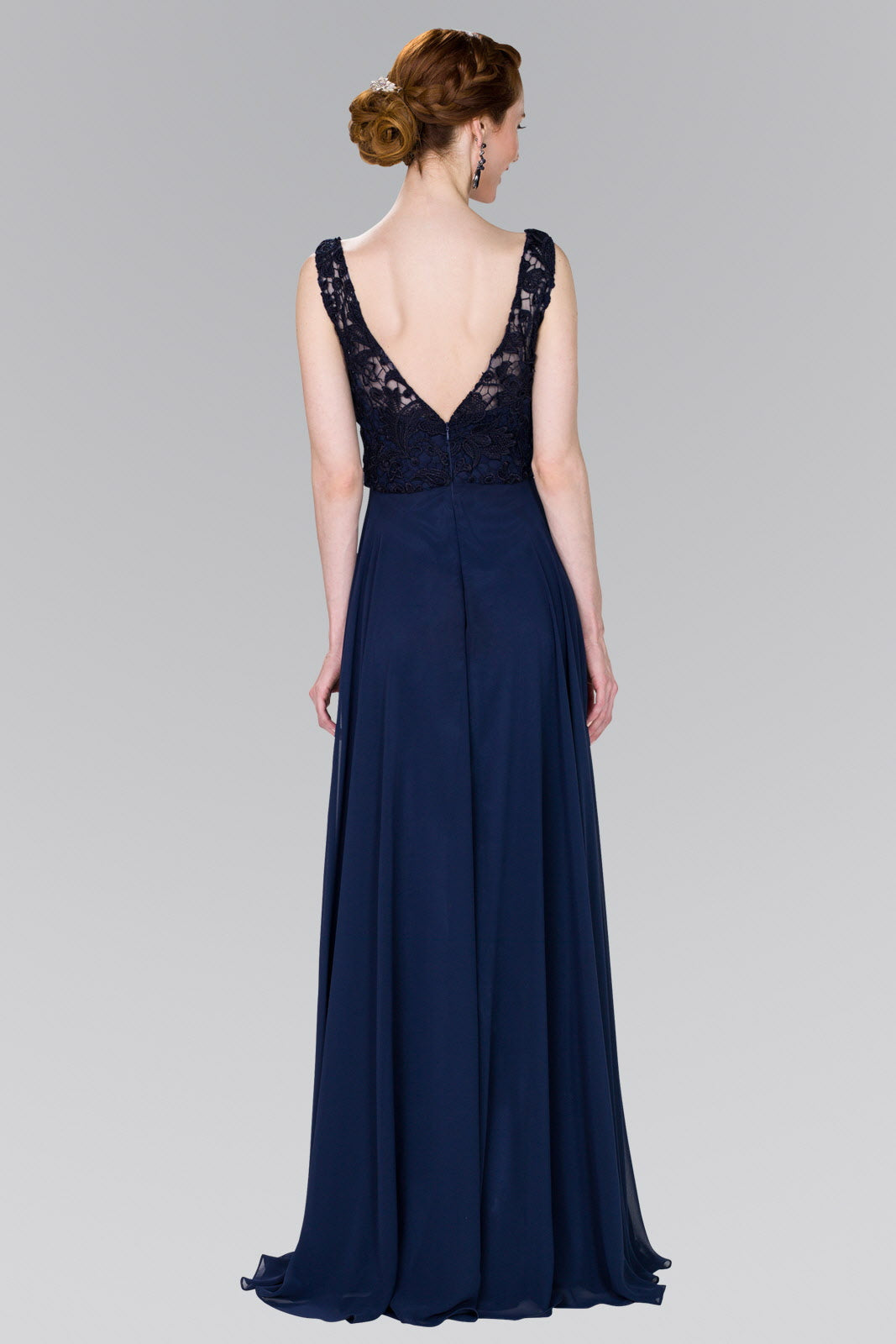 Lace Top Chiffon Long Formal Dress - The Dress Outlet Elizabeth K Navy