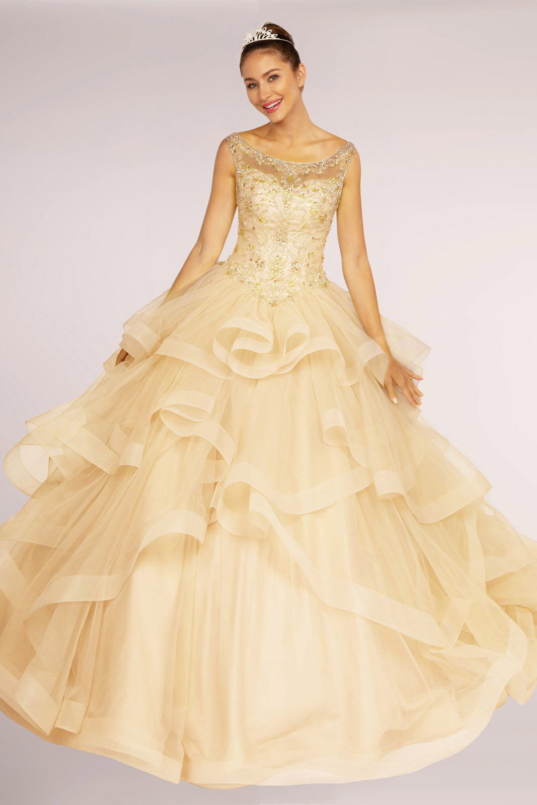 Jewel Embellished Long Multi Layered Quinceanera Dress