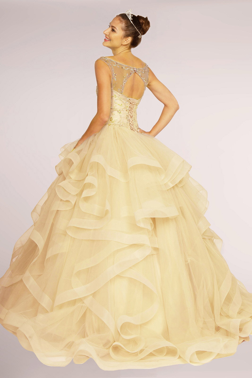 Jewel Embellished Long Multi Layered Quinceanera Dress