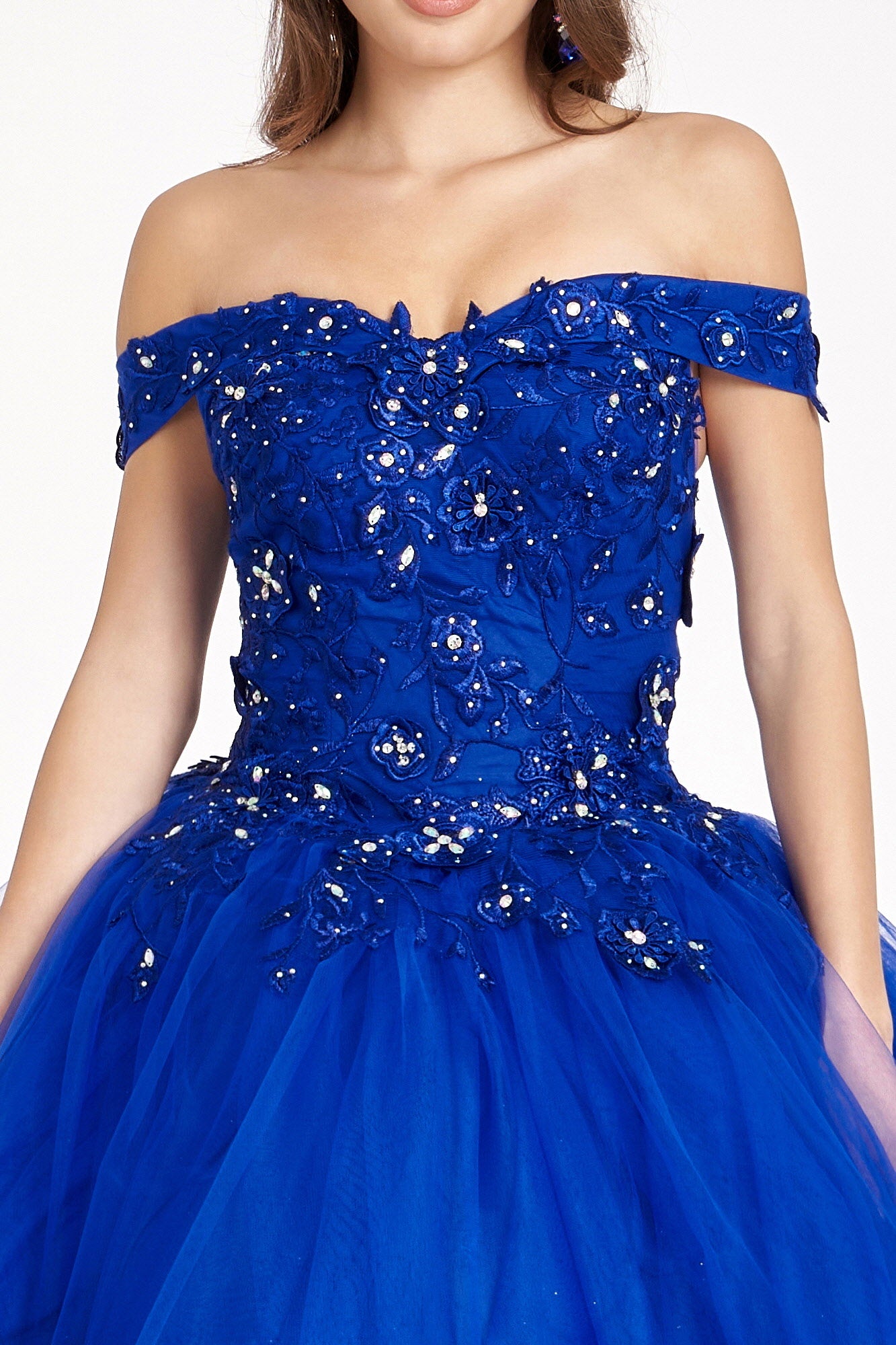 Jewel Embellished Long Mesh Quincenera Dress