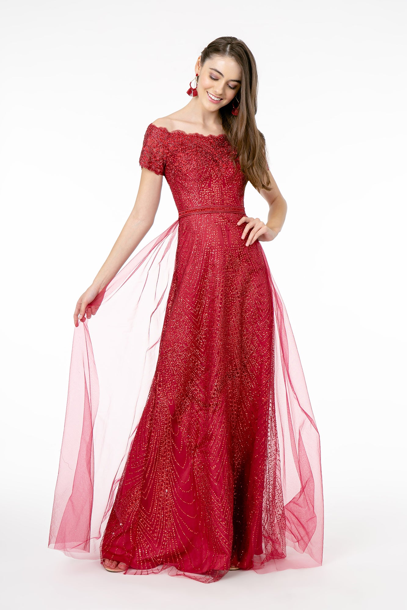 Burgundy S Glitter Print Mesh Long Prom Dress Sale