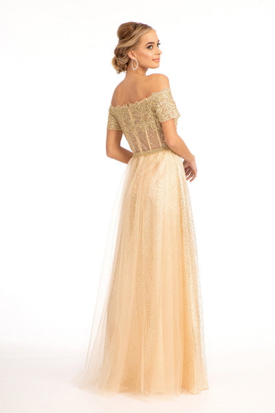 Glitter Print Mesh Long Prom Dress - The Dress Outlet Elizabeth K Champagne