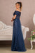 Glitter Print Mesh Long Prom Dress - The Dress Outlet Elizabeth K Navy