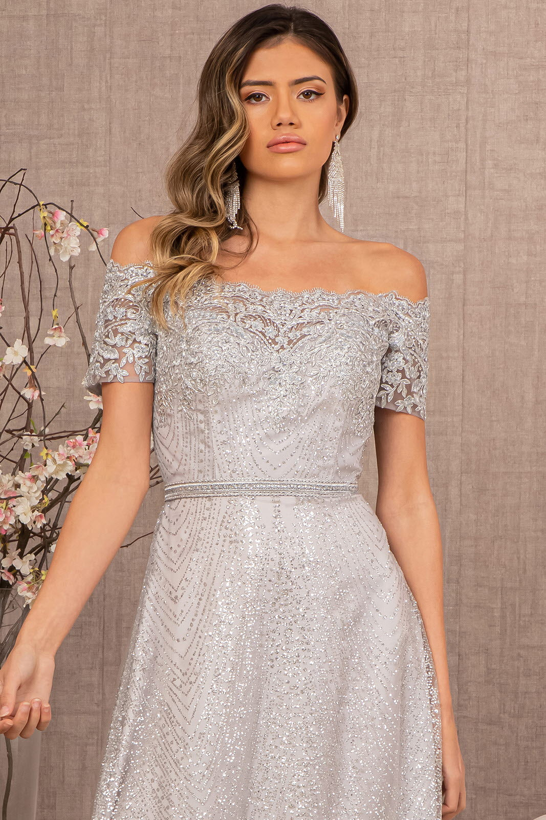 Glitter Print Mesh Long Prom Dress - The Dress Outlet Elizabeth K Silver