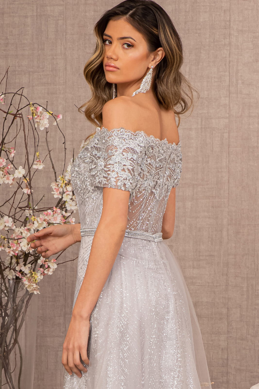 Glitter Print Mesh Long Prom Dress - The Dress Outlet Elizabeth K Silver