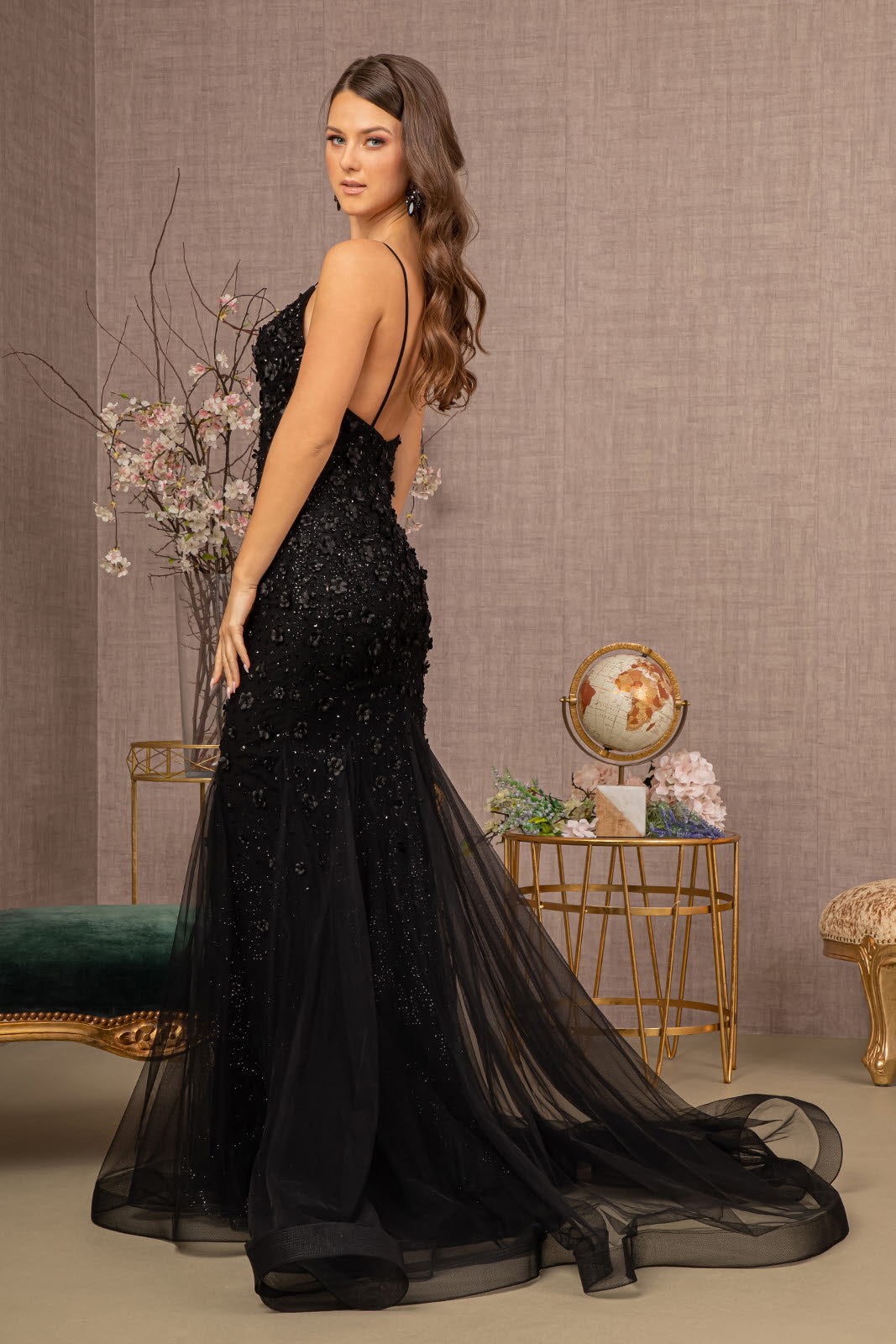Long Spaghetti Strap Formal Mesh Prom Dress