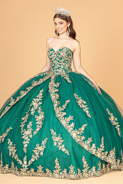 Long Ball Gown Strapless Mesh Cape Quinceanera Dress - The Dress Outlet Emerald Green