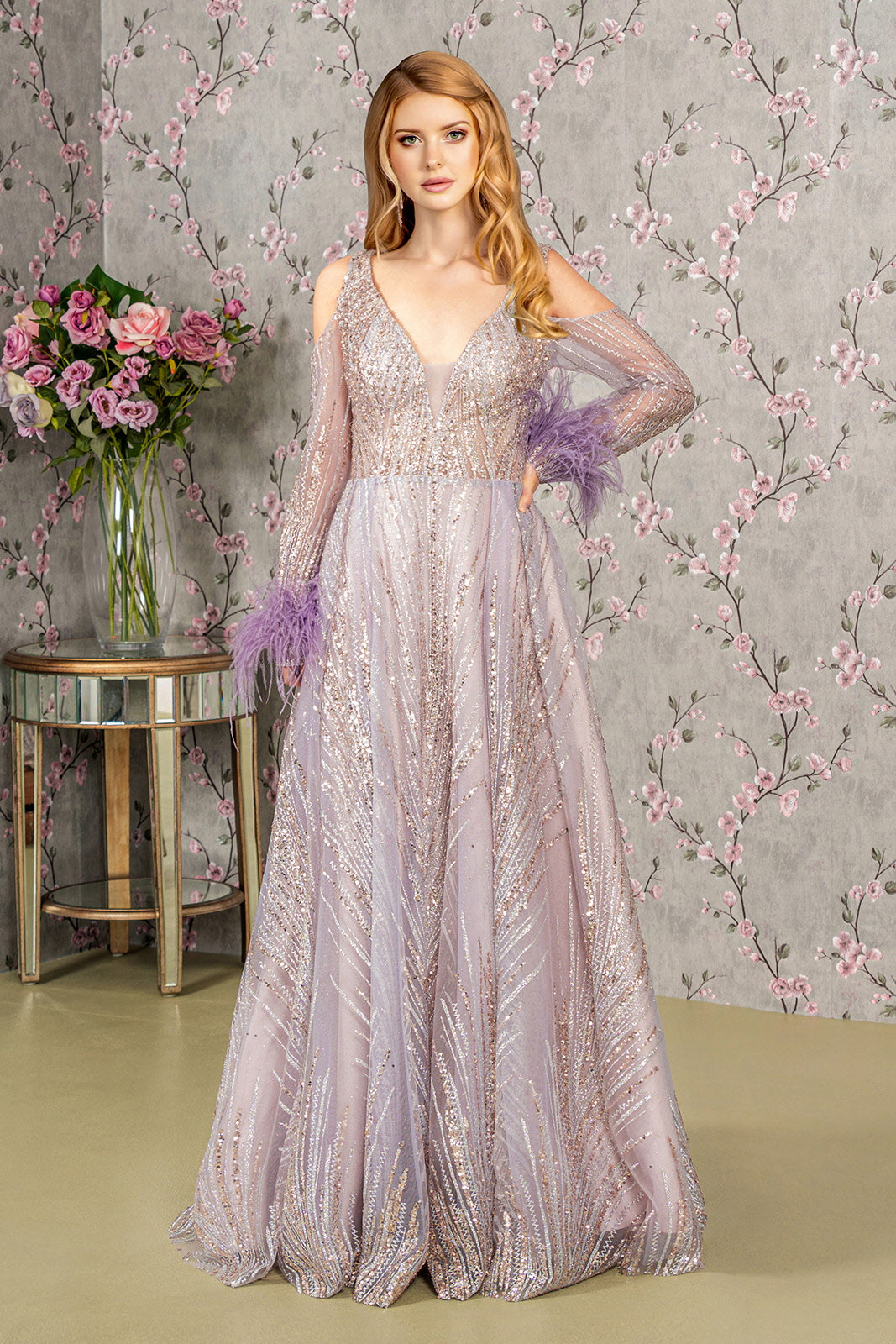 Long Sleeves Glitter A Line Long Prom Dress - Lilac / L Long Sleeves Glitter A Line Long Prom Dress - Lilac / L