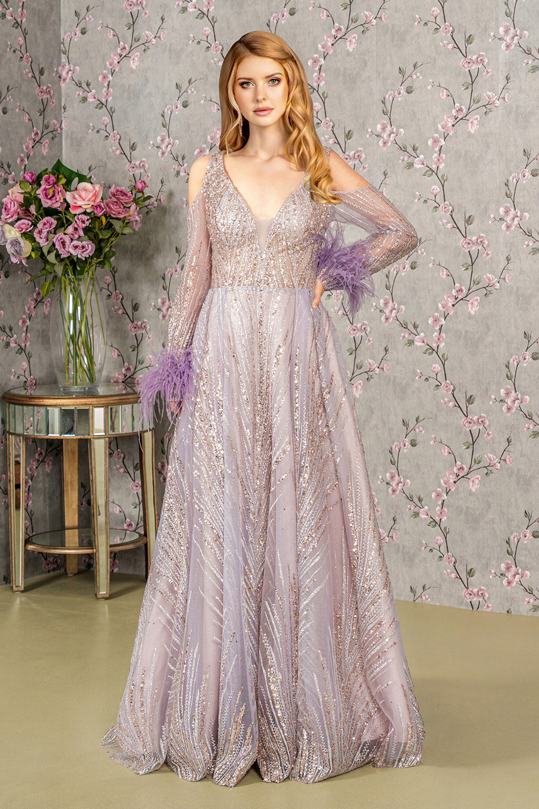 Long Sleeves Glitter A-line Long Prom Dress Lilac