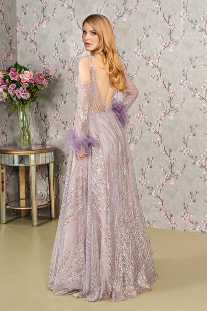 Long Sleeves Glitter A-line Long Prom Dress Lilac