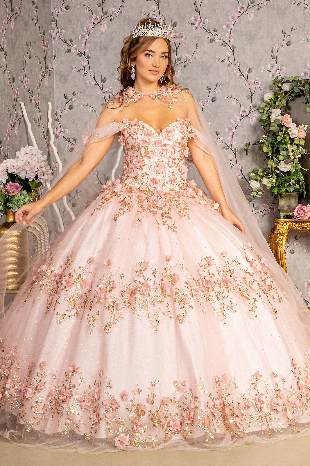 Long Ball Gown Cape Quinceanera Dress