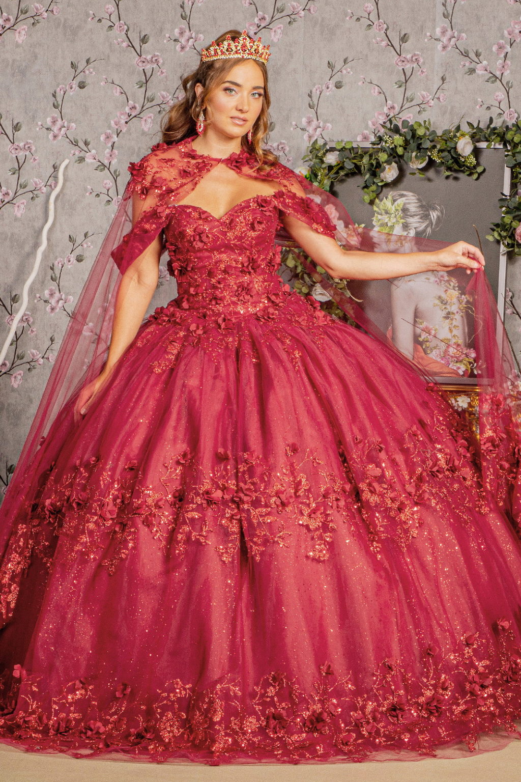 Long Ball Gown Cape Quinceanera Dress