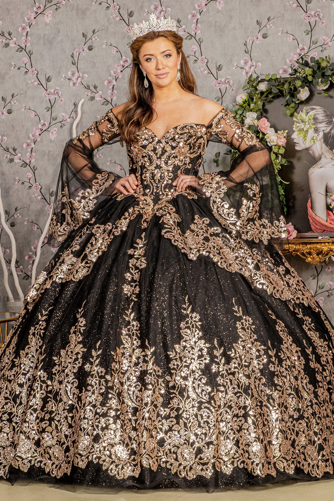 Black Gold Detachable Long Sleeves Quinceanera Dress for $807.0 – The